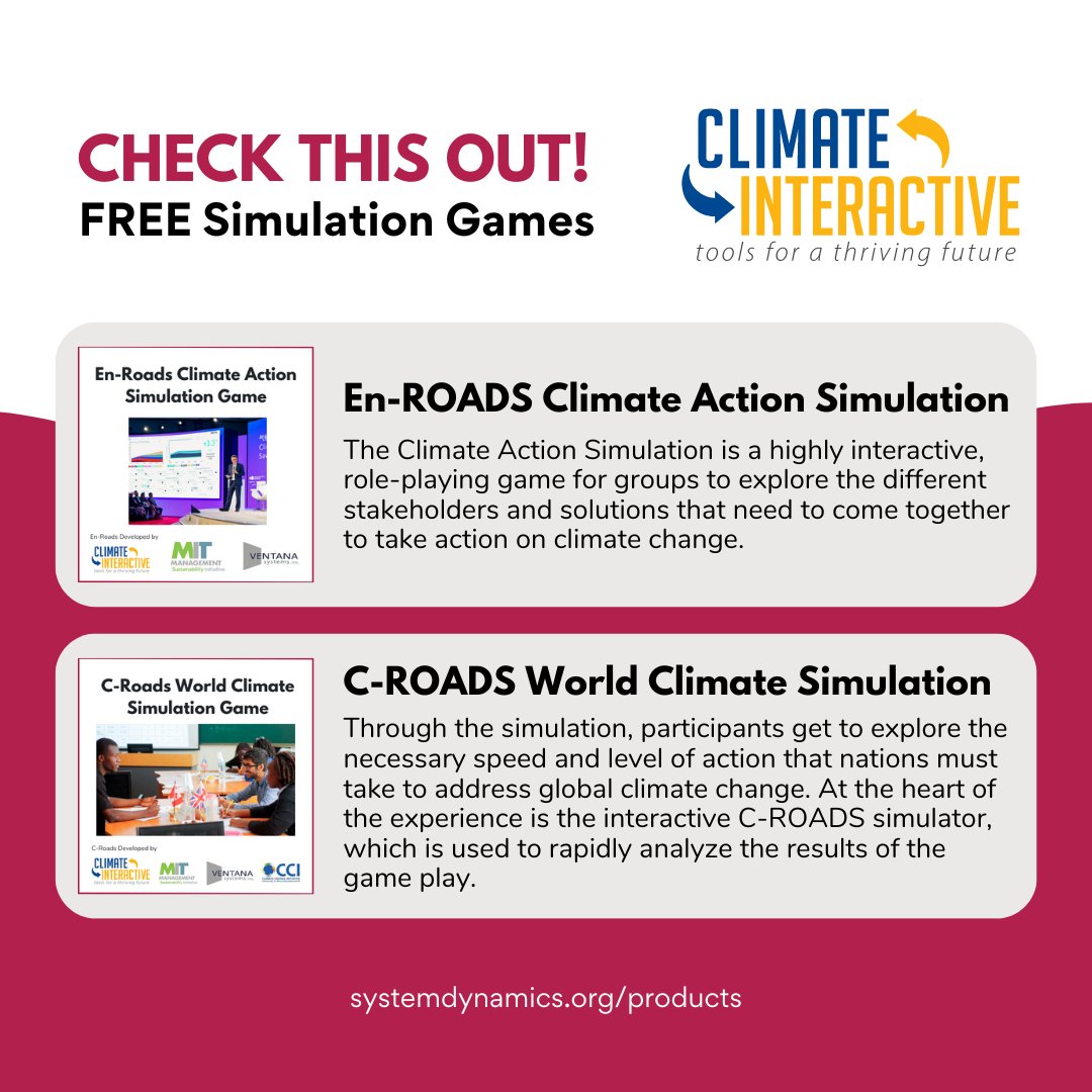 Climate Interactive creates and shares tools that drive effective and equitable #climateaction. Try out their #FREE simulation games!🎯 

🔗 En-ROADS: ow.ly/rvGY50KZ8n0 
🔗 C-ROADS: ow.ly/uWXx50KZ8n1 

#SystemDynamics #systemsthinking <a href="/climateinteract/">Climate Interactive</a> <a href="/AndrewPJones/">Andrew Jones</a>