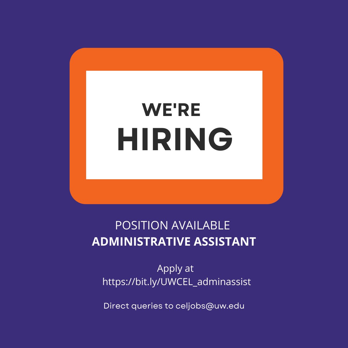 Ctr Ed Leadership (@uwcel) on Twitter photo Are you an organized, detail-oriented individual with a passion for anti-racism work? We are excited to announce an opening for an Administrative Assistant position <a href="/UWCEL/">Ctr Ed Leadership</a>! Apply by July 31. hubs.ly/Q01YwGwG0
#WAjobs #Seattlejobs #adminjobs Are you an organized, detail-oriented individual with a passion for anti-racism work? We are excited to announce an opening for an Administrative Assistant position <a href="/UWCEL/">Ctr Ed Leadership</a>! Apply by July 31. hubs.ly/Q01YwGwG0
#WAjobs #Seattlejobs #adminjobs