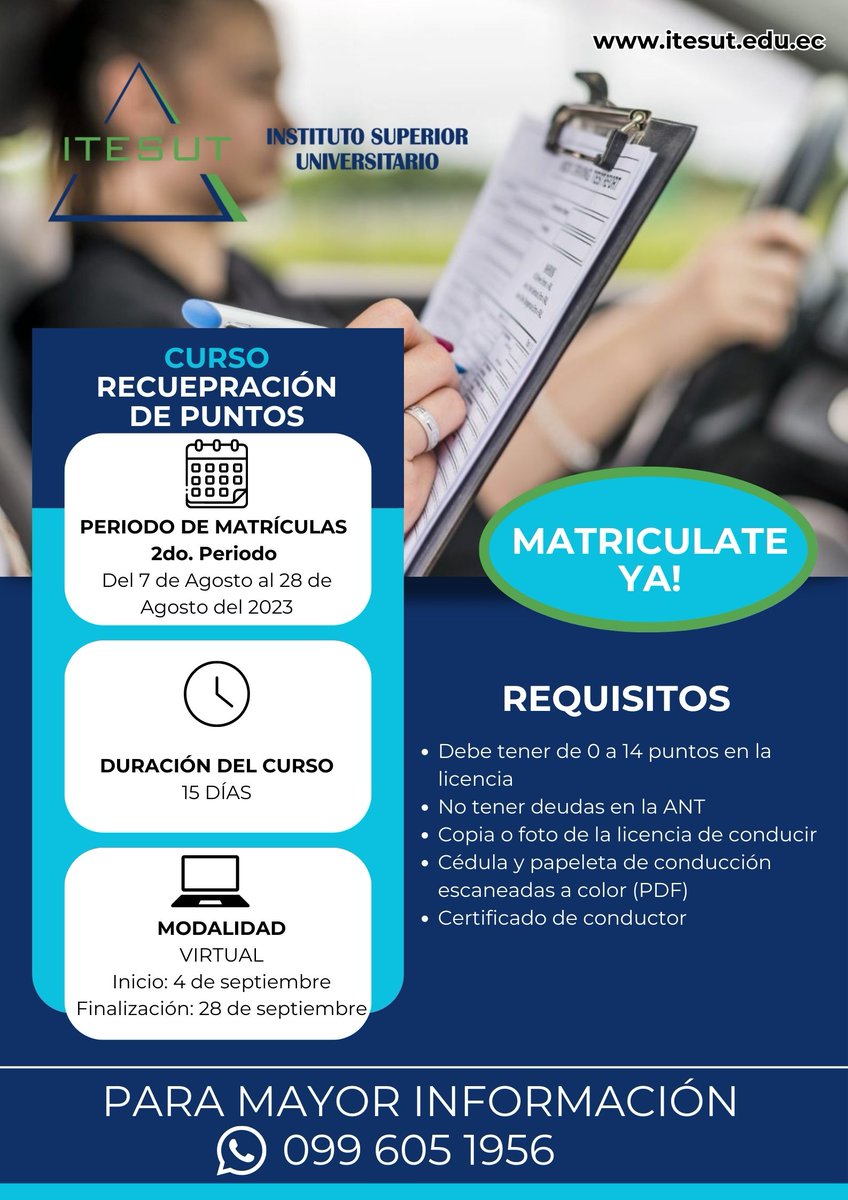 itesutlojaec's tweet photo. ¡Recupera los puntos en tu licencia! 🪪⭐
Duración: 15 DÍAS. 
Inicio de matrículas segundo periodo desde 07 de Agosto al 28 de Agosto del 2023
Contáctanos para más información por DM 📩 o a nuestro teléfono 📱 099 605 1956 https://t.co/a1izAzilIf