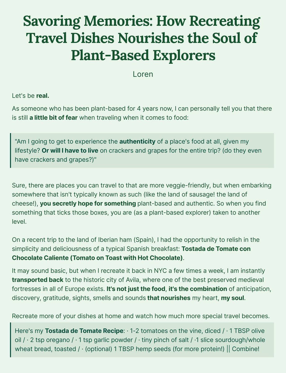 EBbravery's tweet photo. Savoring Memories: How Recreating Travel Dishes Nourishes the Soul of Plant-Based Explorers

BONUS: one of my favorite morning breakfasts in a quick recipe written below!

#Ship30 2/30 #Travel #PlantBasedTravel #Spain #PlantBasedRecipe https://t.co/RfMRKANsvH