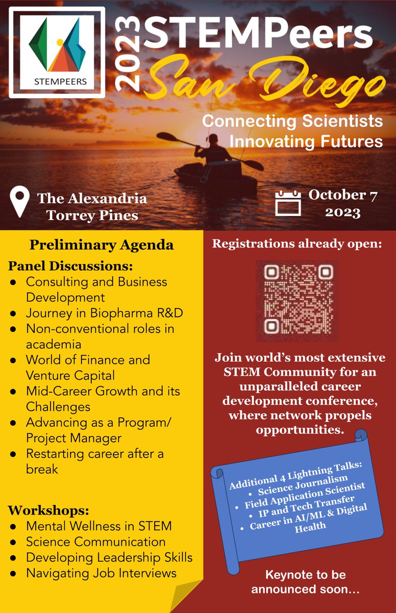 Stempeer15's tweet photo. Exciting news!
The #STEMPeers Conference will be held in #SanDiego Oct 7th. A valuable opportunity to learn from experts in #industry ,#academia &amp; grow your professional network.

Early bird registration ends August 1st

#biopharma #DataScientist #intellectualproperty #jobsearch https://t.co/zOPruC6WKE