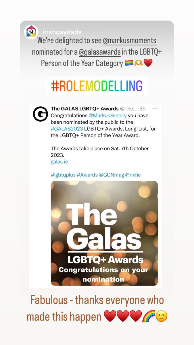 #Repost @irishgaydads @MarkusFeehily Congrats to the nomination for the @galasawards👍👏❤️😍. We are so proud of you. Fingers are crossed🤞.