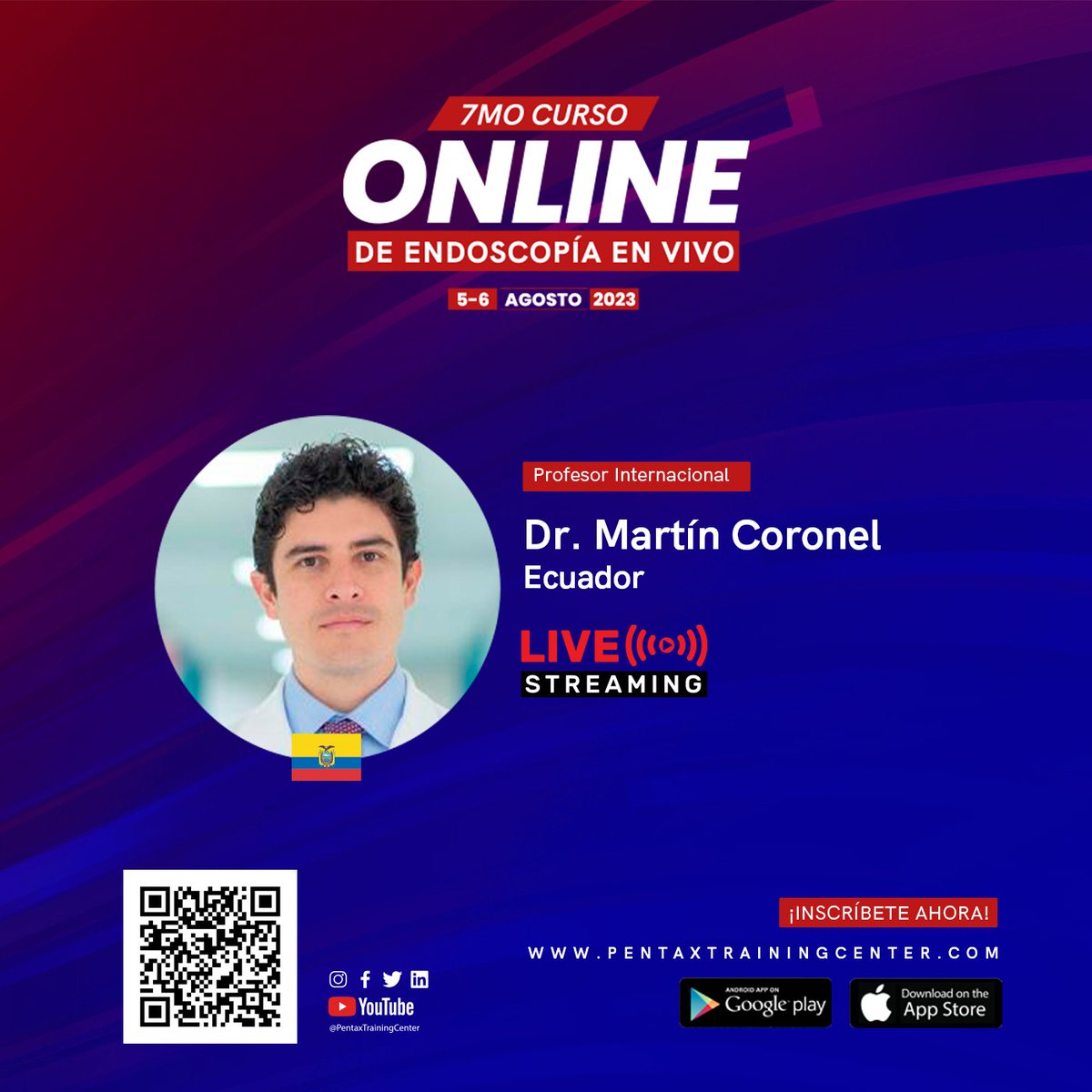 PentaxTraining's tweet photo. Dr. @DrMartinCorone1 will join us in our 7th online endoscopy course, you can not miss it!

What are you waiting for to enroll?
Don't miss the opportunity to learn with the best!

Register now at https://t.co/wuIyghDmJR

#Congress #LiveEndoscopy #IECED #Pentax #August #Course https://t.co/xZfJGFpqR4
