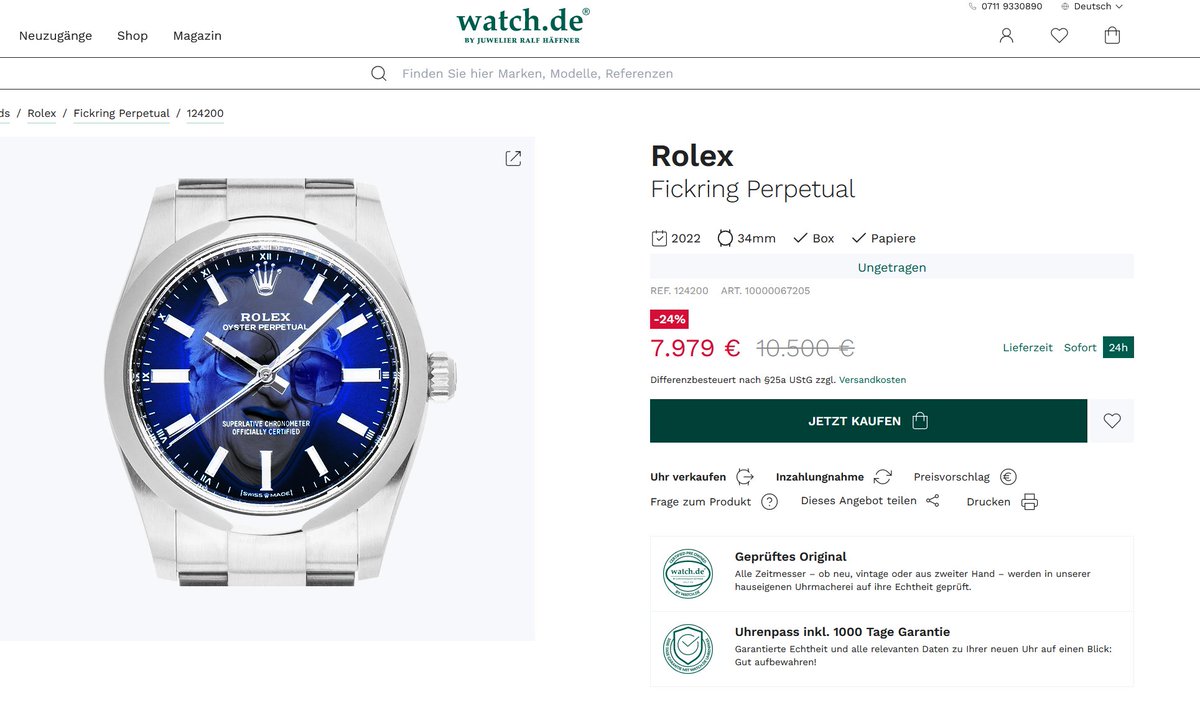 Bei watch.de gibt es jetzt die Fickring Perpetual Rolex 24% reduziert!