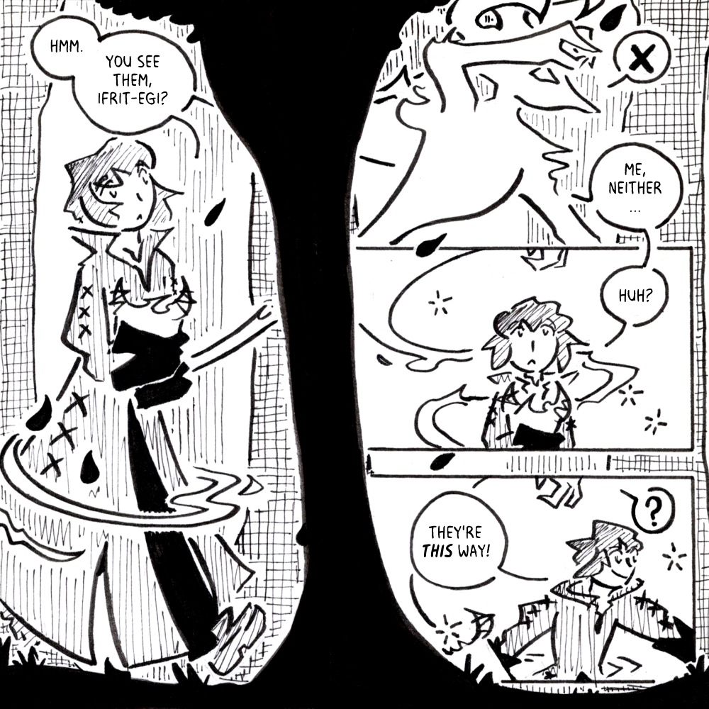 YuriaThames's tweet photo. Drew a lil FFXIV comic on my boy at the start of things. No spoilers, just references to how weird Gridania's forest is. (4/4 pages) https://t.co/1Jvw9kYbkk