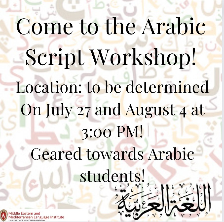 medli_uw's tweet image. Arabic students, come to the Arabic script workshop on July 27 and August 4 at 3:00 PM!

#arabicscript #arabic #writing