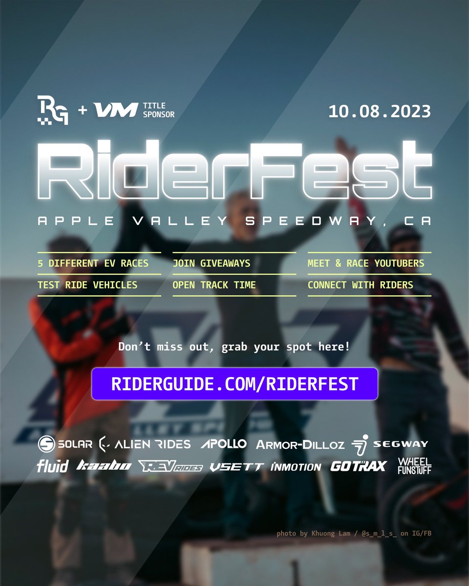 RiderFest 2023 🏁 Join us for 5 different EV races, drag races, giveaways of $1000s in raffle prizes, open track time with stunt equipment, test rides from our sponsors, surprise challenges and more! 🏆 Two ticket options, an open Volunteer Application &amp; sponsorship opportunities