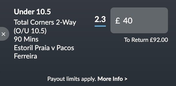 Stan4Chain's tweet image. Estoril v Pacos de Ferreira 🇵🇹

🔹Stake £35 on 11+ total corners on Sky Bet ⚪️

🔹Stake £40 on under 10.5 total corners on Betvictor 🔵

🔹Guarantees £17 or £16.88 🔥

#PortugueseCup #ArbitrageBet