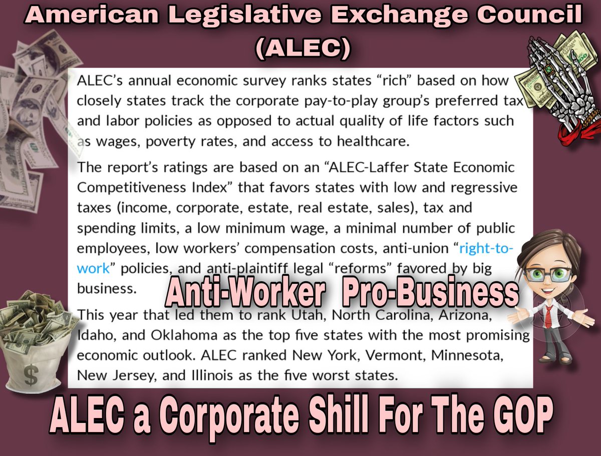 #ALEC is a group of #CorporateGreed & #RedStateRepubs + other GOP that work together writing bills that decrease everyday workers benefits & wages while increasing tax cuts for Big Business. The 'poorer' your state the more #EconomicOpportunities ALEC sees #VoteBlue #ProudBlue /1