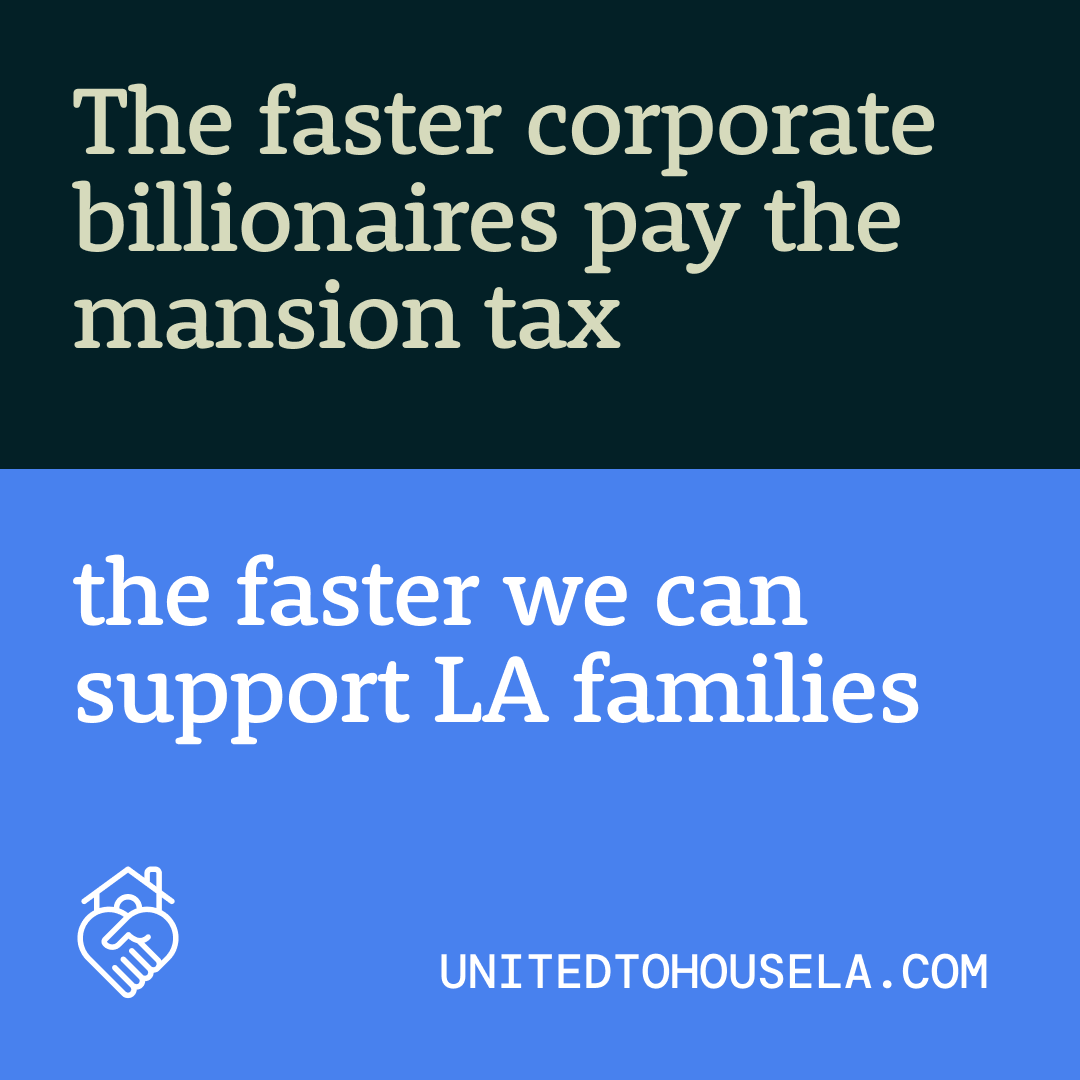 UnitedToHouseLA's tweet photo. Thousands of families are at risk of losing their homes because a few billionaires think they can get away with playing legal games to hold up the mansion tax. 

They won’t win.

We need more housing and tenant support, not excuses from real estate corporations. https://t.co/UTOIt7qzvT