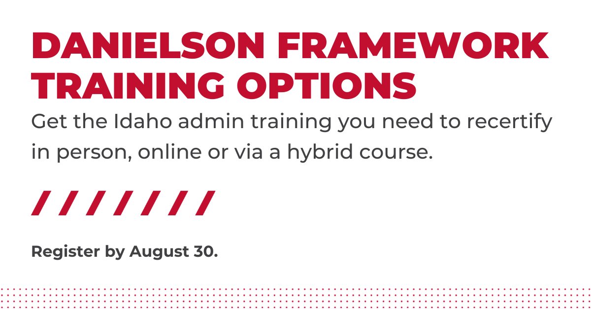 nnucpd's tweet photo. If you're a certified school administrator in Idaho, you already know about the Danielson Framework and your training requirement. But did you know you can meet that requirement with an online course?
https://t.co/4nimmwfpKT

#HereForGood #NNUCPD #CPDonline https://t.co/9mosdmZ6C5