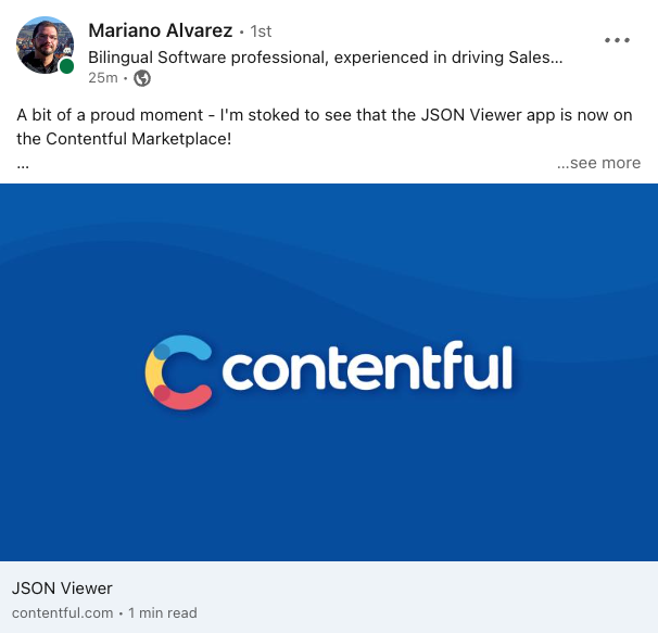 PDunn00's tweet photo. My bestie @mdalvarez created the JSON Viewer for @contentful  as a pet project and every SE uses it. It's now a legit app in our App Marketplace. Contentful users get your admins to install it! Congrats my Contentful buddy. https://t.co/bDpbHXGUot https://t.co/9l840mWLUJ