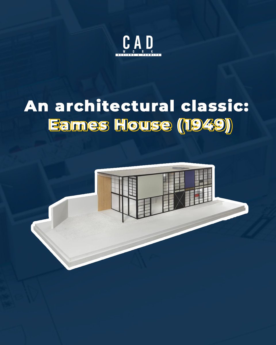 cadworkdesigns's tweet image. The structure of the Eames House was installed in just 90 hours, using steel framing and composite materials, as well as a small concrete retaining wall.