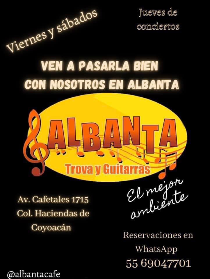 Recuerda que todos los viernes y sábados tenemos las mejores noches bohemias con canciones de la Trova, en un ambiente tranquilo y familiar. 
Te atendemos con gusto en el WhatsApp ￼55 6904 7701
#albantacontigo #EscuchaTrova #lomejordelomejor #musicaenvivo #peñas #Albanta #trova