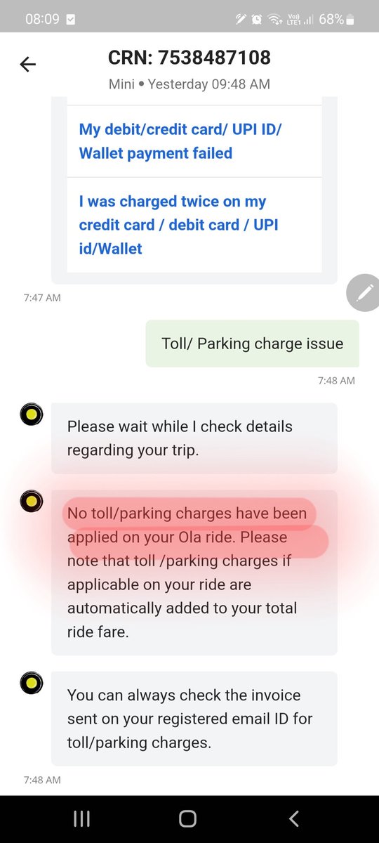 rahul3588's tweet photo. The Support system is pathetic, the requests are being closed ex-partè. The refund amount is shown as Rs. 20 and the actual refund is given as Rs. 6.😅
Ola is not accepting the wrong Toll charges deducted, can be seen from the support chat.
@Olacabs @ola_supports provide solution https://t.co/9gtH8ZKiQ2
