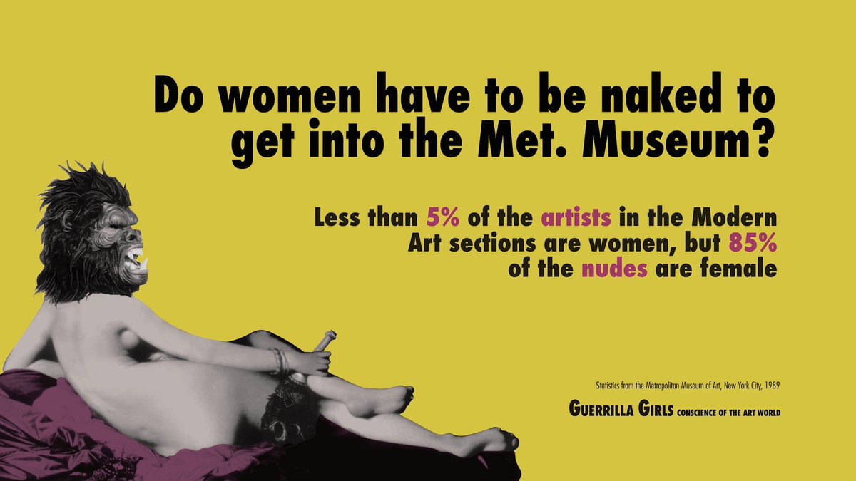 art21's tweet photo. “Guerrilla Girls' work has always been statistics. People don't believe you unless you show them the numbers.”

—"Zubeida" of the Guerrilla Girls collective in our newest episode, “Bodies of Knowledge.”

📺https://t.co/rgeRq0OU7p https://t.co/ootErRpQZh