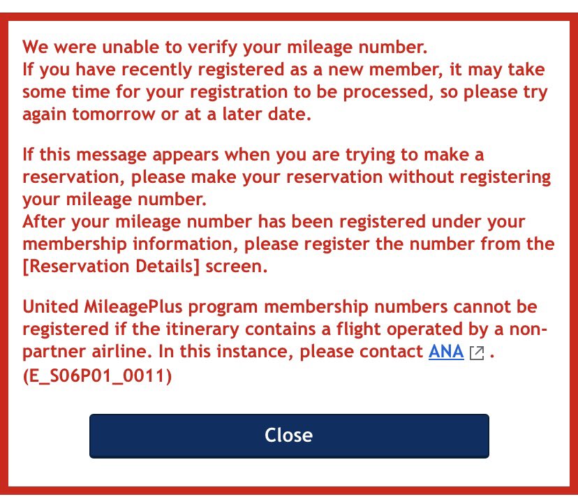 SammyManson's tweet photo. @ANA_travel_info hello I am trying to add my Velocity frequent flyer number to my ANA flight booking but am getting this screen. Can you please help? https://t.co/BMPDMOKfdN