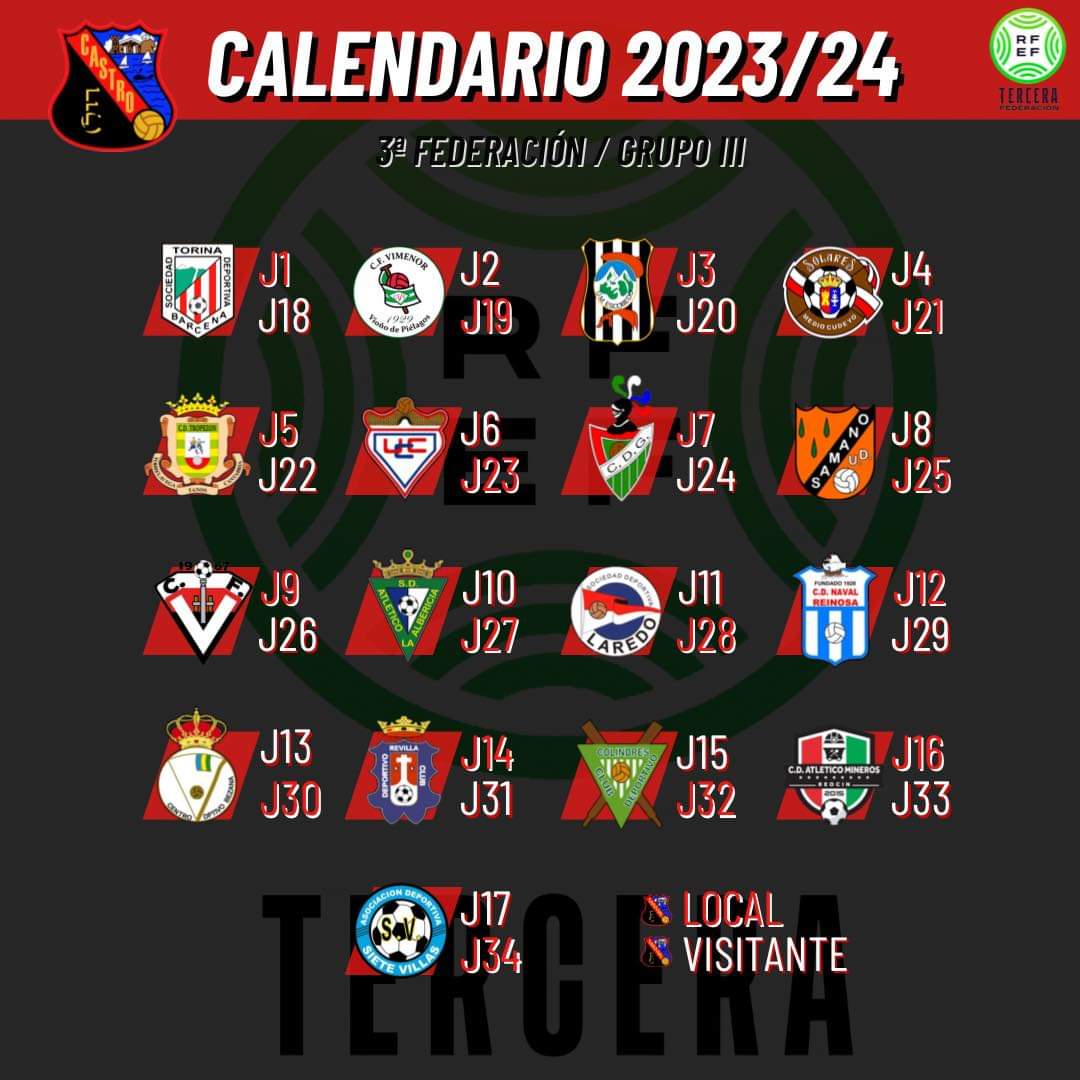CastroFC_'s tweet photo. 📆 𝐂𝐚𝐥𝐞𝐧𝐝𝐚𝐫𝐢𝐨 𝐜𝐨𝐦𝐩𝐥𝐞𝐭𝐨 del #CastroFC para la temporada 2023/24

✍🏼 ¡Toma nota y…

🫂 …acompaña al primer equipo en esta 𝐢𝐥𝐮𝐬𝐢𝐨𝐧𝐚𝐧𝐭𝐞 temporada!

#PorNosotrosPorVosotrosPorElCastroFC
#TerceraFederaciónGrupoIII

🔴⚫️🔴⚫️ #TODOALROJO https://t.co/rtLgHAry44