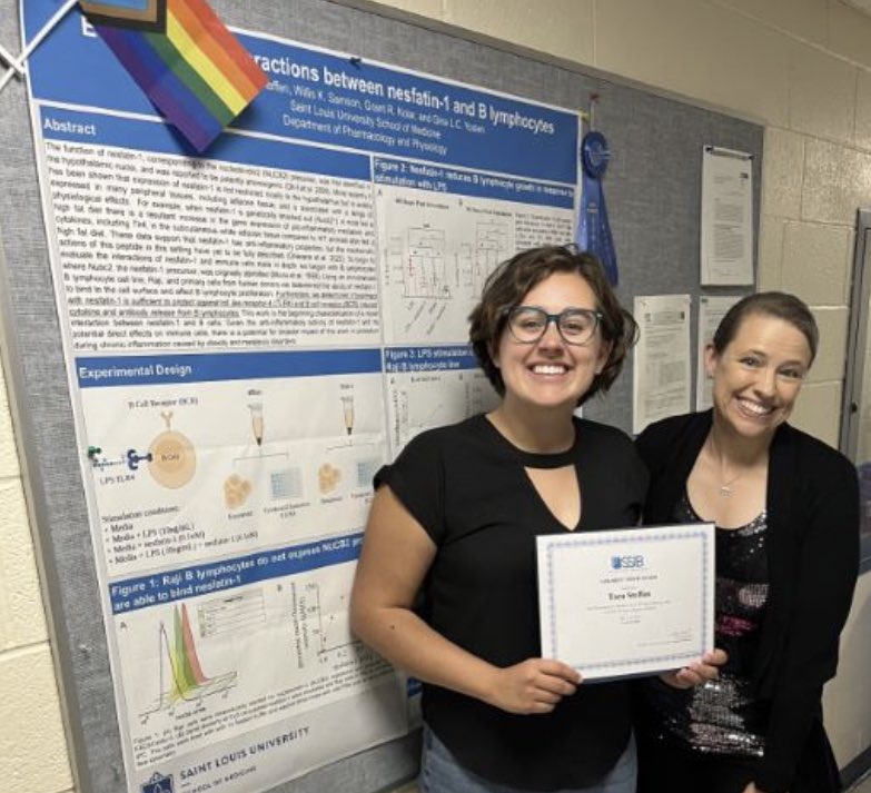 ImmunityTara's tweet image. An honor and a privilege to earn the Gerald P. Smith award this year at #ssib2023 for my talk on how nesfatin-1 regulates the B cell response to stimuli 🎉 @YostenLabSLU @glcyosten