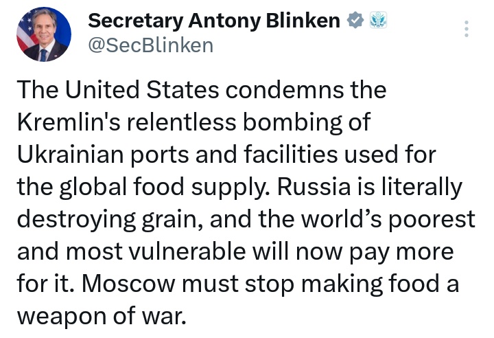"Moscú debe dejar de hacer de la comida un arma de guerra" dijo Antony Blinken Secretario de Estado de EEUU, el mismo país que ordenó bloquear los puertos yemenies llevando a 11 millones de personas a la hambruna total... la diferencia es que los medios no transmiten desde Yemen.