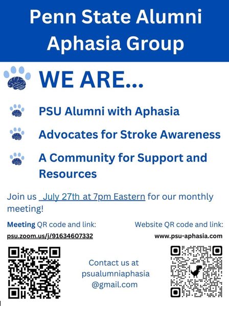 Penn State Alumni Aphasia Group (@psuaphasiaalums) on Twitter photo Hey <a href="/PennStateAlums/">Penn State Alumni</a> who have #aphasia or care for someone who does and <a href="/PennStateCSD/">PennStateCSD</a> #SLP alums in aphasia: Come to our next meeting! #weare excited to see you. See you this coming Thursday July 27th! Please spread the word <a href="/ARCaphasia/">ARC AphasiaRecovery</a> <a href="/NatAphasiaAssoc/">Natl Aphasia Assoc</a> @AphasiaAccess Hey <a href="/PennStateAlums/">Penn State Alumni</a> who have #aphasia or care for someone who does and <a href="/PennStateCSD/">PennStateCSD</a> #SLP alums in aphasia: Come to our next meeting! #weare excited to see you. See you this coming Thursday July 27th! Please spread the word <a href="/ARCaphasia/">ARC AphasiaRecovery</a> <a href="/NatAphasiaAssoc/">Natl Aphasia Assoc</a> @AphasiaAccess