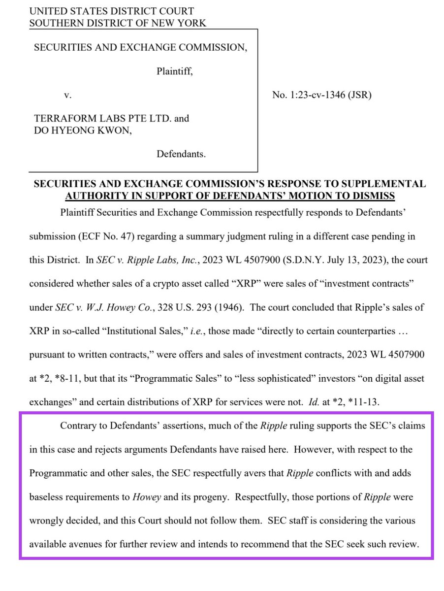 🚨🚨🚨🚨🚨🚨
“Contrary to Defendants' assertions, much of the Ripple ruling supports the SECs claims in this case and rejects arguments Defendants have raised here. However, with respect to the
Programmatic and other sales, the SEC respectfully avers that Ripple conflicts with