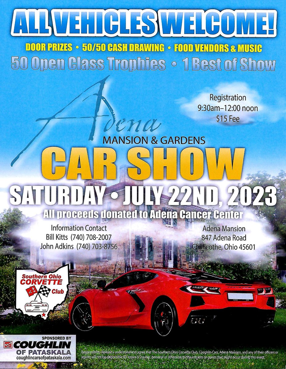 Adena Mansion & Gardens Car Show sponsored by Coughlin of Pataskala and the Southern Ohio Corvette Club will take place this Saturday, July 22nd from 9:30am-3:00pm.  Registration: 9:30am – 12:00pm / $15. For Info contact Bill Kitts 740-708-2007 or John Adkins 740-703-8756. https://t.co/PS55Pg4EGB