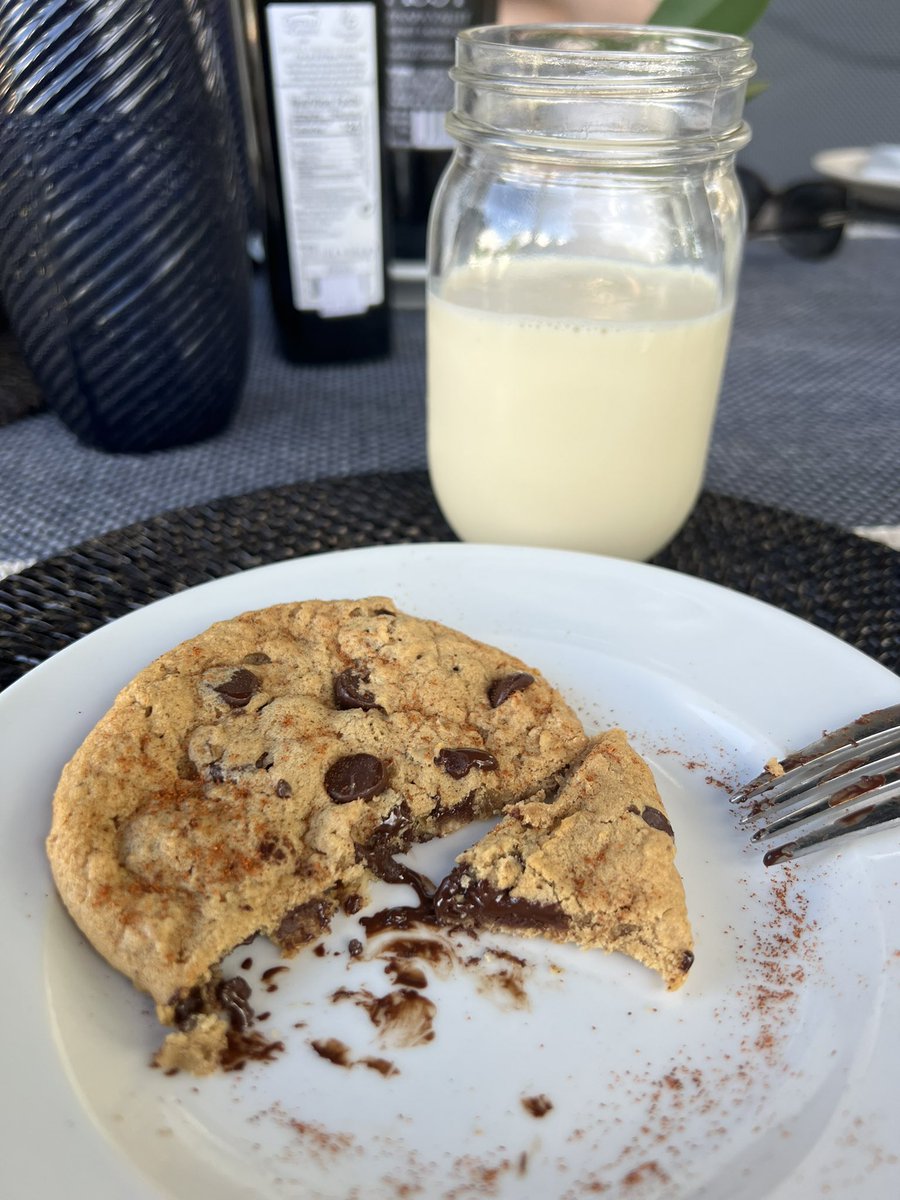 Dessert:

Warm chocolate chip cookie dusted with cayenne pepper and ice cold milk.