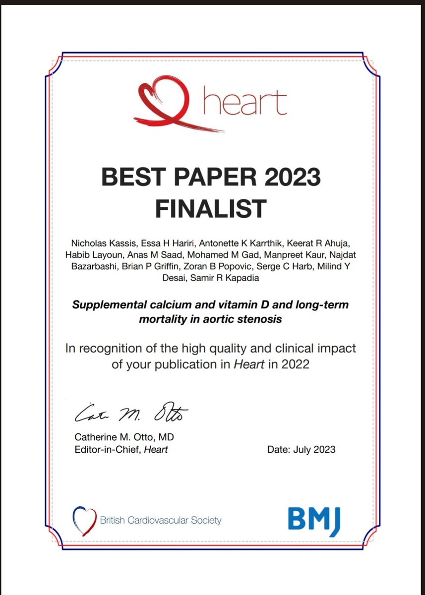 Happy to see our original investigation win the best paper of the year <a href="/Heart_BMJ/">Heart_BMJ</a> for quality and impact. This was led by the outstanding efforts of <a href="/kassisMD/">Nicholas Kassis</a> and expertise of <a href="/tavrkapadia/">Samir Kapadia</a>. Congratulations to the co-authors.