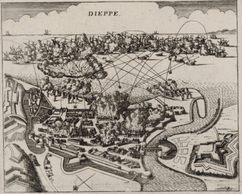 22 juillet 1694 bombardement de Dieppe.
Durant la guerre de Neuf Ans, la flotte anglaise bombarde la ville de Dieppe, les 22 et 23 juillet 1694. Un incendie détruit une grande partie de la ville qui sera progressivement reconstruite, selon les plans de Ventabren.