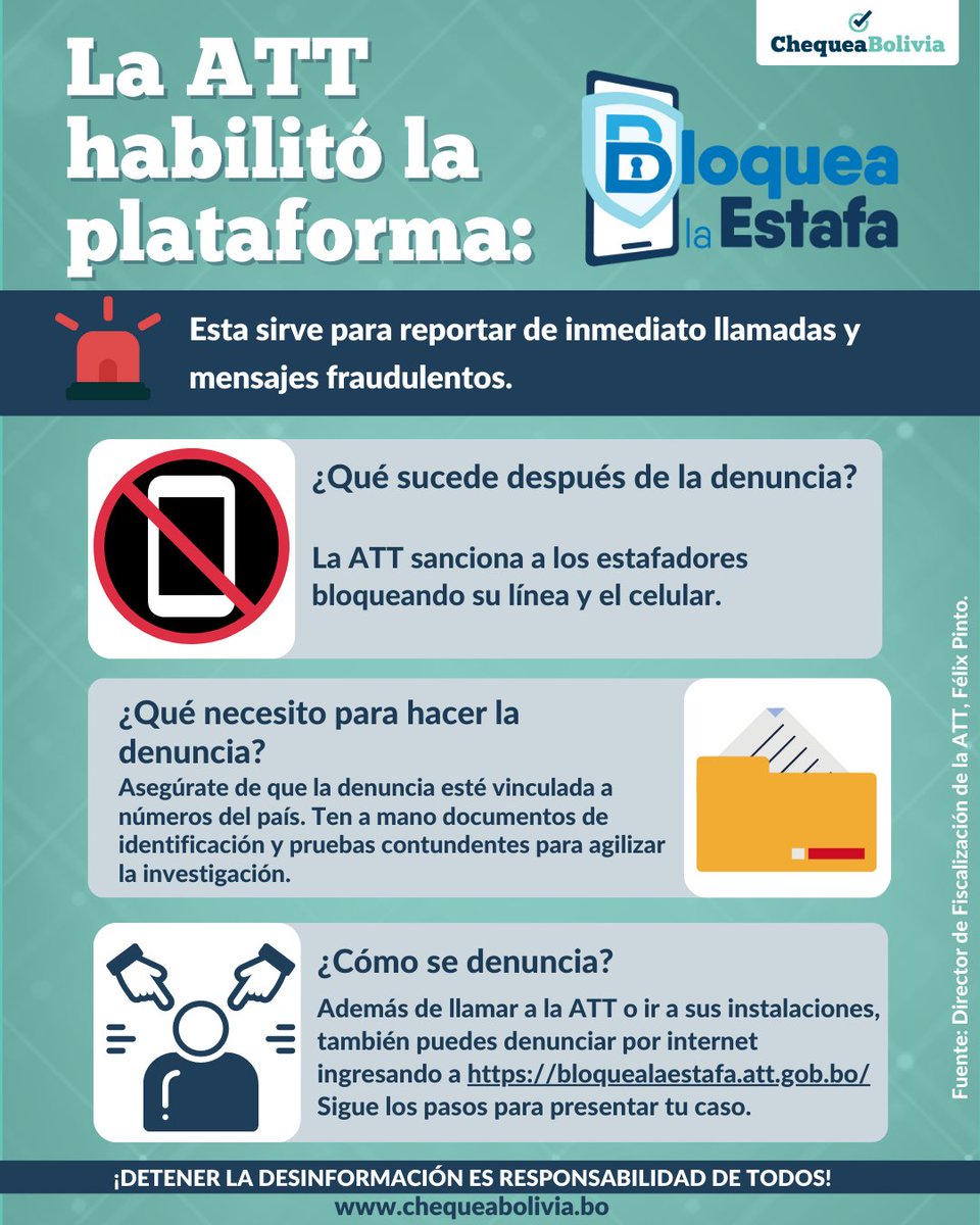 📞📵Ahora puedes detener las estafas telefónicas con "Bloquea la Estafa" 
👉Obtén más información y denuncia aquí:  bloquealaestafa.att.gob.bo
#ChequeaBolivia #SeguridadDigital