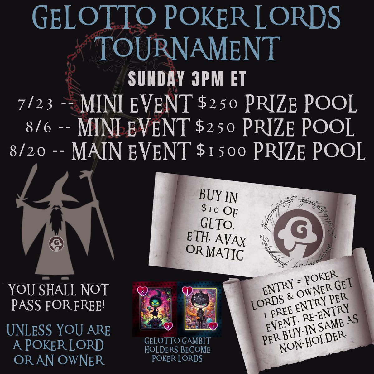 Gelotto2's tweet photo. ♠️ ♥️ 3 Poker Tournaments ♣️ ♦️ 

A total of $2000 to be won 

🎟️ Mini Event 1 &amp; 2, $250 GTD 
🎫 Main Event, $1500 GTD 

Free Entry for Gelotto Gambit NFT holders (minting now)

Instant Deposits/Withdrawals
#ETH #AVAX #MATIC #GLTO

Discord https://t.co/OPUaQfAskt
#onlinepoker https://t.co/QCzOOmwrLW
