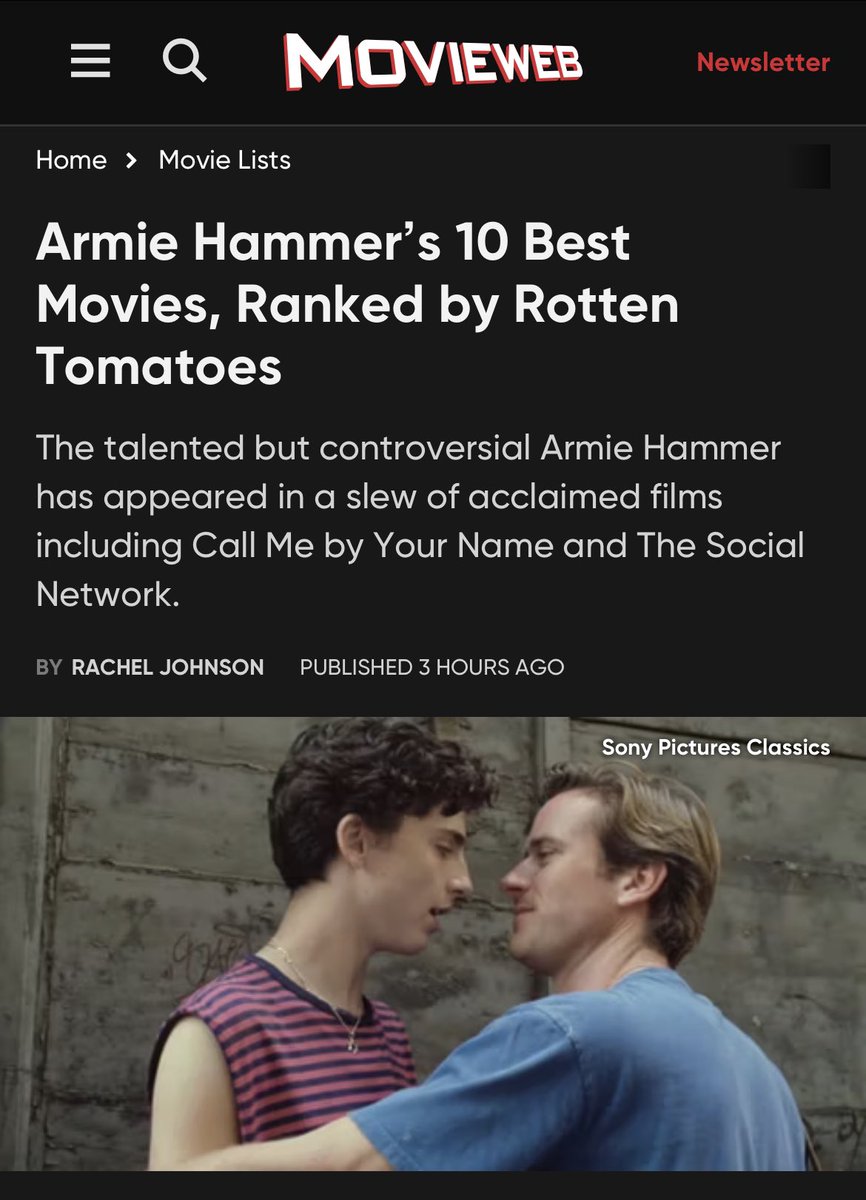 movieweb.com/armie-hammer-b…
#ArmieHammer #callmebyyourname #hotelmumbai #themanfromuncle #onthebasisofsex #sorrytobotheryou #thesocialnetwork