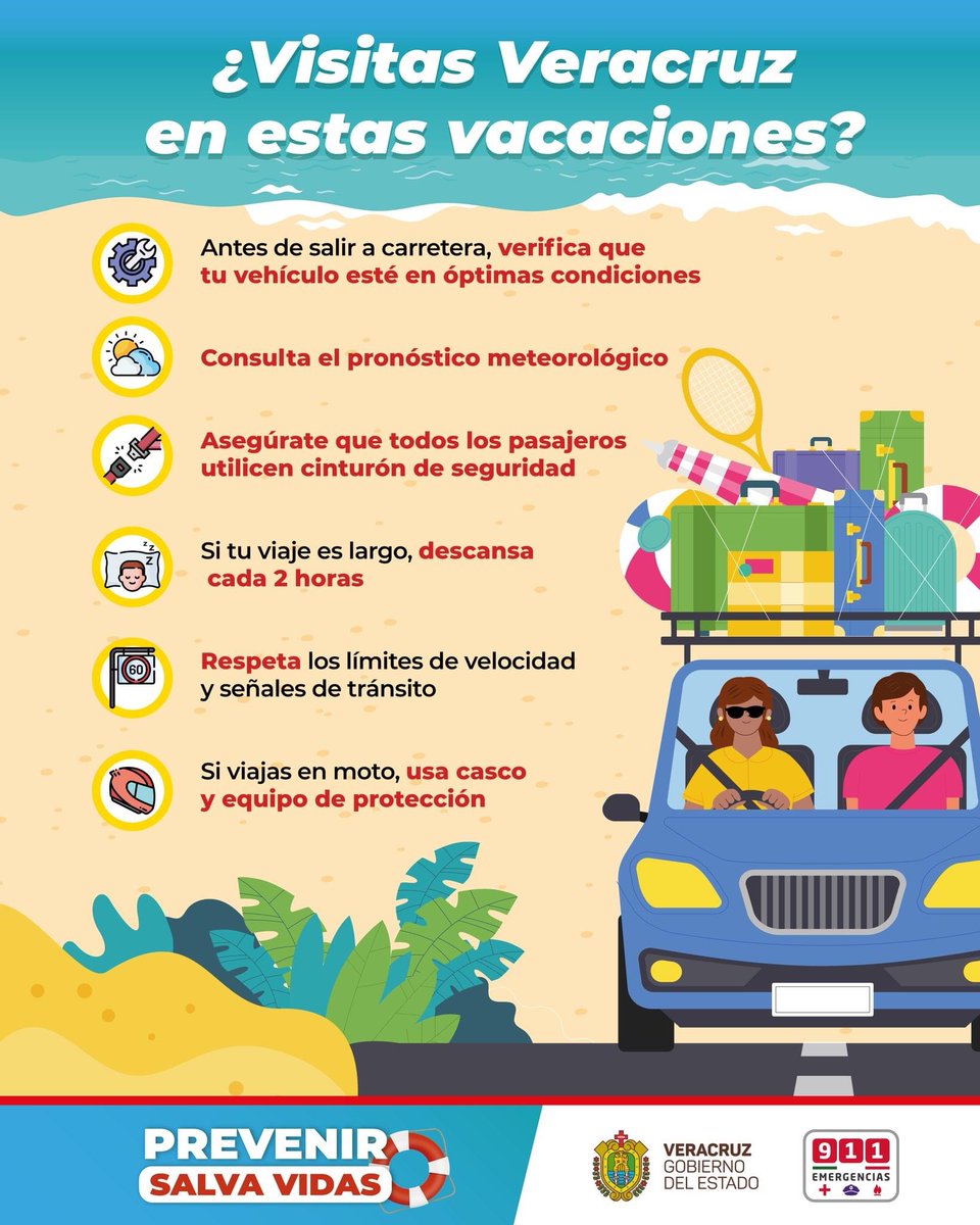 GobiernoVer's tweet photo. ¿Planeas visitar alguna parte de Veracruz? 🏖️⛱️ Es importante que atiendas las siguientes recomendaciones, a fin de prevenir algún accidente. 🛟

📲 Si necesitas ayuda, comunícate al 911. https://t.co/jhNZzLDLz5
