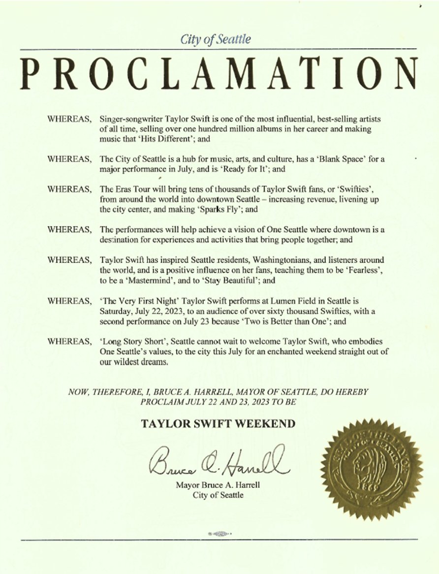 Seattle is the Emerald City, and we are bejeweled to host #ErasTourTS this weekend! But we know a diamond's gotta shine, which is why <a href="/MayorofSeattle/">Mayor Bruce Harrell</a> declared it "Taylor Swift Weekend" in Seattle!