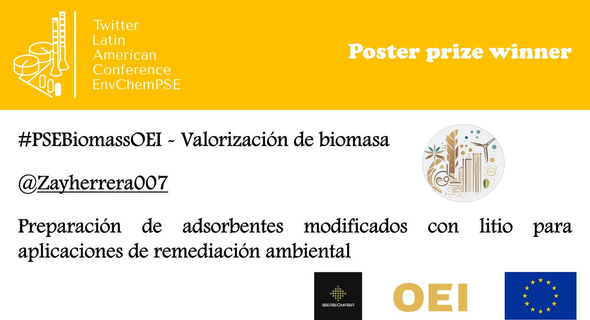 Congratulations to <a href="/Zayherrera007/">Zayda Herrera</a>, poster prize winner of #PSEBiomassOEI !   

We will contact you on the registered e-mail address about your prize (100 dollars) and certificate.  

Thanks for the support of PSPB group to evaluate #PSEBiomassOEI