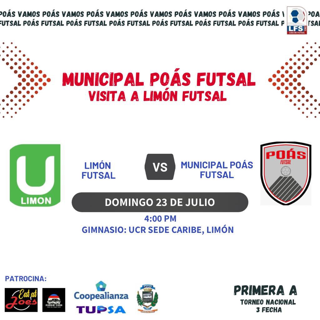 PoasFutsal's tweet photo. Visitamos Limón 
📆 23 de Julio 2023 
➡️ Fecha 3
🏟️ Gimnasio UCR Caribe 
⌚️ 04:00 p.m.

Patrocinan :
@munipoascr 
@panamcars506 
@eatjoes_ 
@coopealianza 
TUPSA 

#SomosPoás https://t.co/AusQvkvzPh