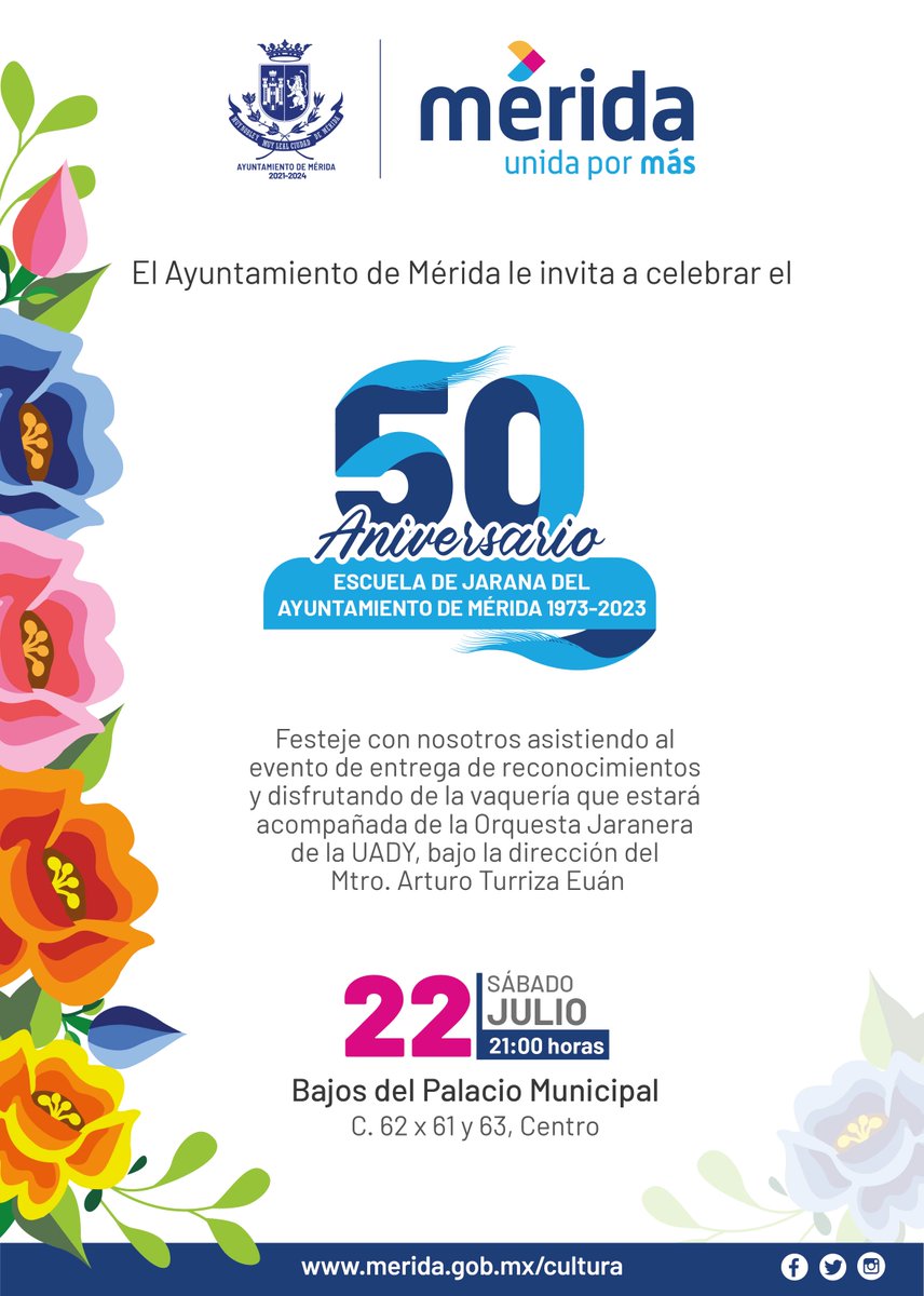 ¡Que no se te haga tarde! Hoy vamos a celebrar cinco décadas de la Escuela de Jarana del Ayuntamiento de #Mérida promoviendo tradiciones, con una gran vaquería libre en bajos del Palacio Municipal.  ¡Les esperamos! <a href="/RenanBarrera/">Renán Barrera</a>