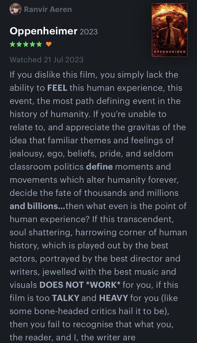 CivilLinesBoy's tweet photo. #OppenheimerInIMAX is INSANE. It’s the greatest movie watching experience I’ve ever had, from its riveting start to devastating end. The most blatantly truthful and transcendent portrayal of the human experience. 
It is not tough to choose the better film on the day of 21st July. https://t.co/NCbtk4rG7g