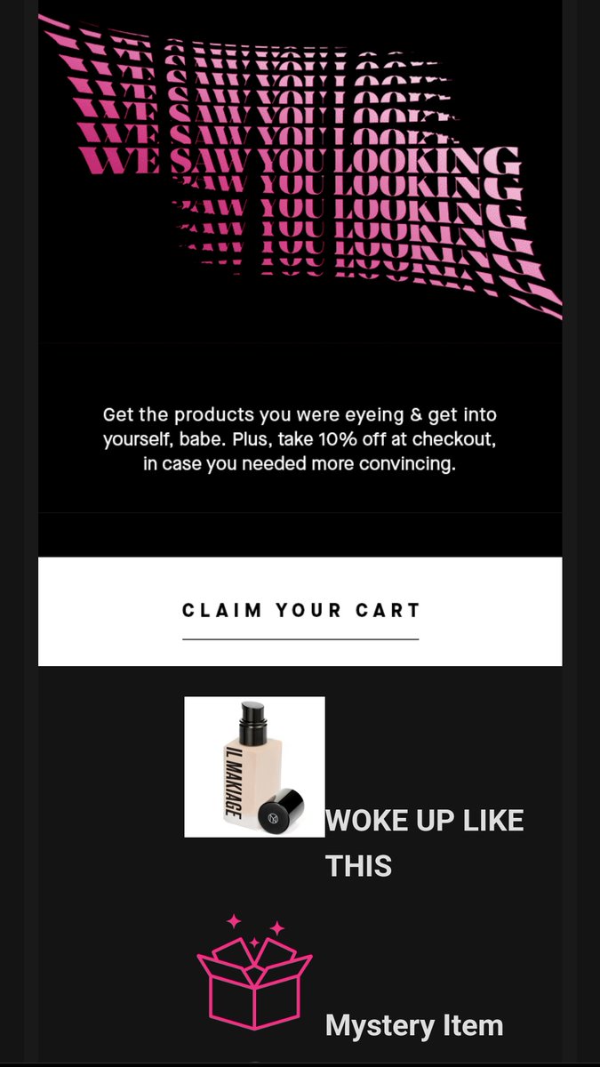 BeccaH88's tweet photo. @ilmakiage Thank you for replying! The box doesn't come up in either place but I got an email specifically saying I would get 10% off the product I want to order 😔 https://t.co/Yk0FbwTzOr