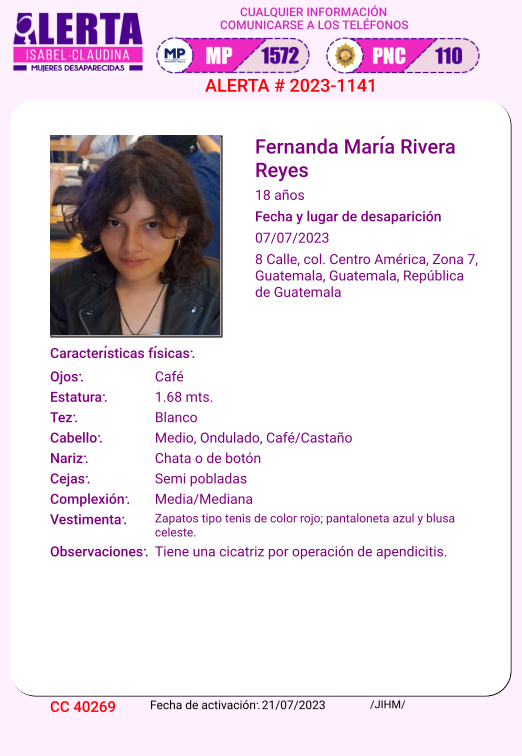 isabel_claudina's tweet photo. #AlertaIsabelClaudina
🚨 Ayúdenos a encontrar a
FERNANDA MARIA RIVERA REYES
Desapareció el 07de Julio de 2023
Cualquier información comunicarse al teléfono 📞 1572
Gracias por difundir esta información❗ https://t.co/1PN1UuQnml