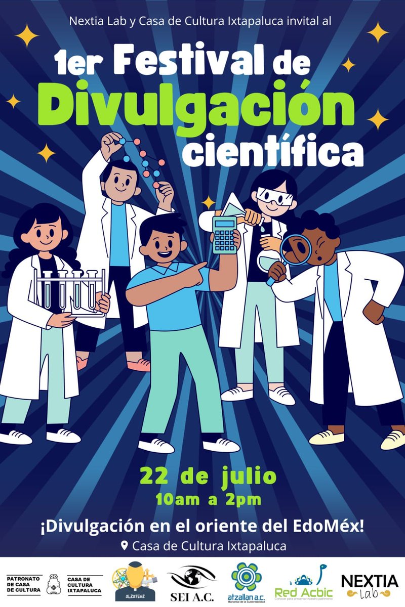 RedACBIC's tweet photo. ¡Atención amigos de #Ixtapaluca y #ZonaVolcanes! Les invitamos a acompañarnos en el 1er #Festival de #DivulgaciónCientífica con nuestros amigos de Nextia Lab.
#Ollín #NextiaLab #Atzallan #RedACBIC 👩🏽🔬🌎🍃🧪🧫🛰️✨
🚩 LUGAR: Patronato Casa de Cultura Ixtapaluca. https://t.co/aMowgUIvE2