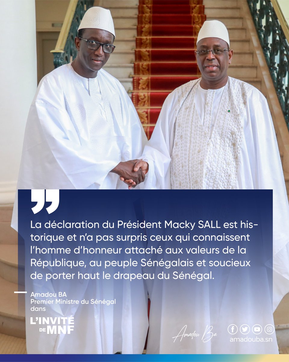 amadou_ba_'s tweet image. La déclaration du Président Macky SALL est historique. Elle n’a pas surpris ceux qui connaissent l’homme d’honneur attaché aux valeurs de la République, au peuple Sénégalais et soucieux de porter haut le drapeau du Sénégal.
#AmadouBa #PM #linvitedemnf #7TV #senegal #kebetu
