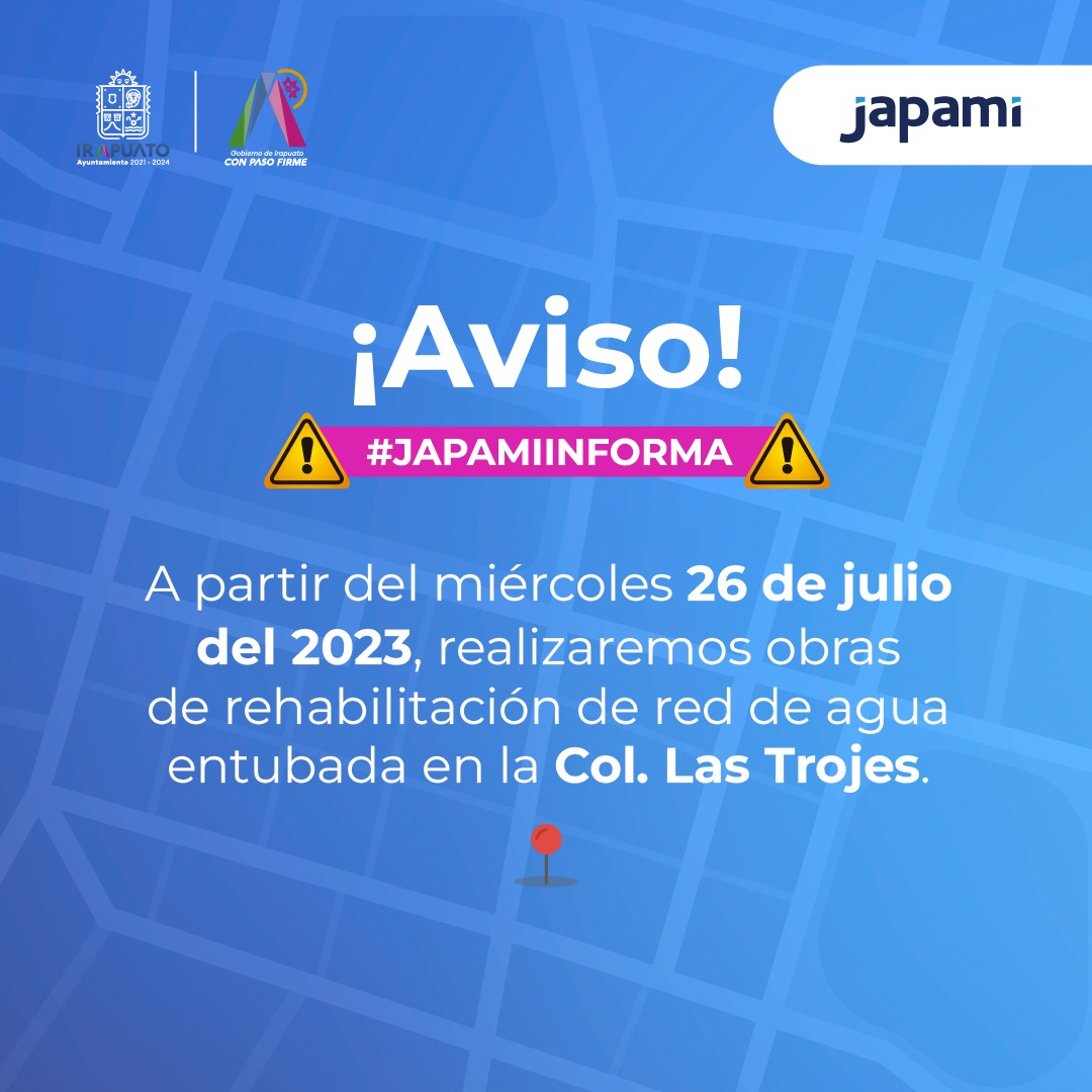 JAPAMIgob's tweet photo. #ObraPública #Japami ¡vecinos y vecinas del fraccionamiento Las Trojes!.
Se realizarán trabajos de la red de agua potable, consulta la información aquí. 👇 https://t.co/HaFZlBIu4t