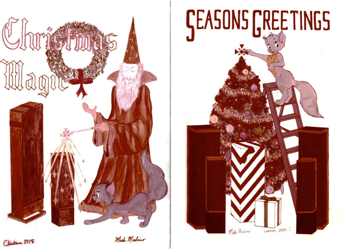 sysable's tweet image. My friend Ian sent ma a blast from my past! My art for photo holiday cards when I was making my speakers at Qysonic Research. The skiltaire is Theta (the original), the wizard was created to promote the new redesigned systems. The "star" is the logo I designed.