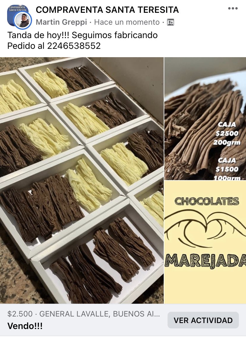 Buenas!!! Algunos ya me conocen, trabajé en una chocolatería de Bariloche hace unos años aprendí algo de chocolatería y también hice cursos. estoy vendiendo choco en Rama, el que pueda me ayuda con un Rt?
También me puede ayudar comprando! Mi número está en la foto gracias 🤩