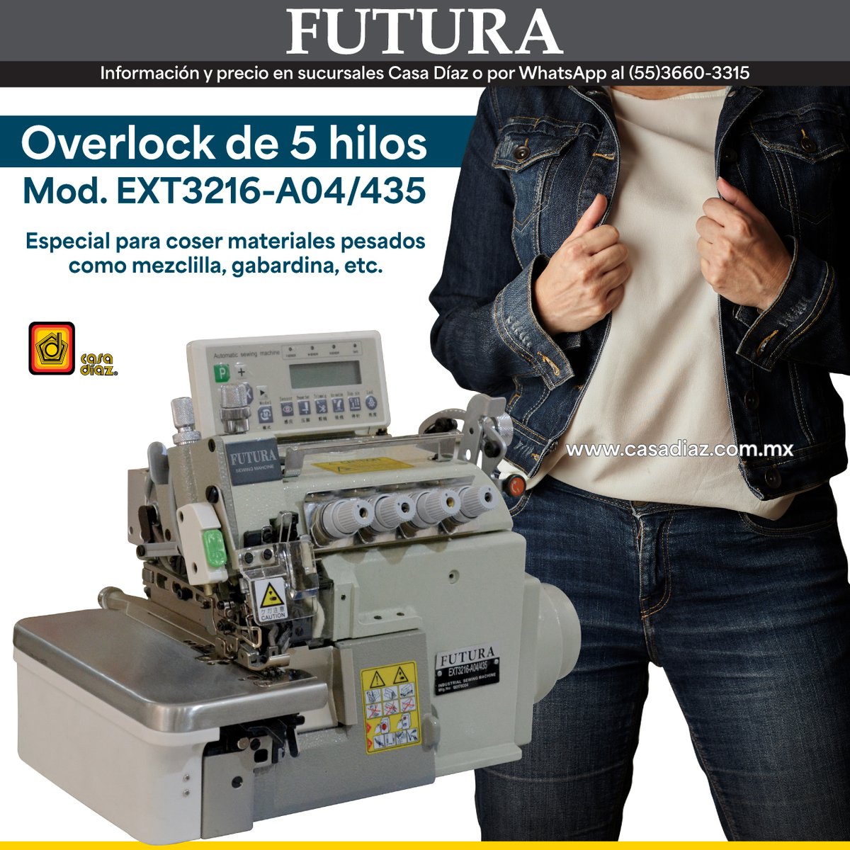 CasaDiazMX's tweet image. El modelo EXT3216-A04/435 de #Futura es una máquina #overlock de 5 hilos con puntada de seguridad, alimentación superior con motor DIRECT DRIVE, sensores de material, sistema de succión intermitente, panel control electrónico y más.
Info, precio y asesoría en Sucursales.