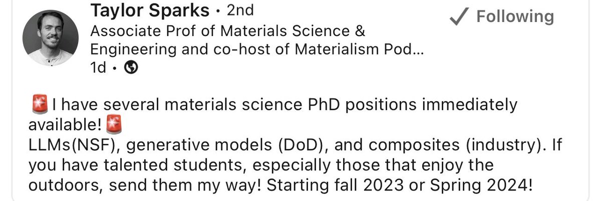 Several #PhDpositions with Dr Taylor Sparks at the University of Utah, USA.#scholarshipopportunities #graduateschool #gradschool #phd #generativemodels #composites #llms #materialscience #engineering #funding #research #university #applynow #share #theqayersgroup #keepyourdreams