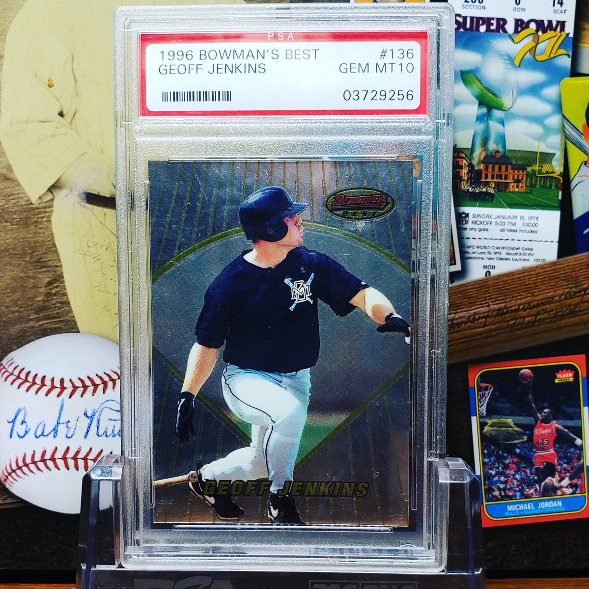 SconnEtradition's tweet photo. With this card my all-time Brewers set is complete!! A lot like the Sheets, these just dont come up much in Gem Mint 10. One finally presented and I pulled the trigger! Geoff Jenkins could hit a few dingers in his day! #geoffjenkins #milwaukeebrewers #rookiecard https://t.co/orgguEUN74