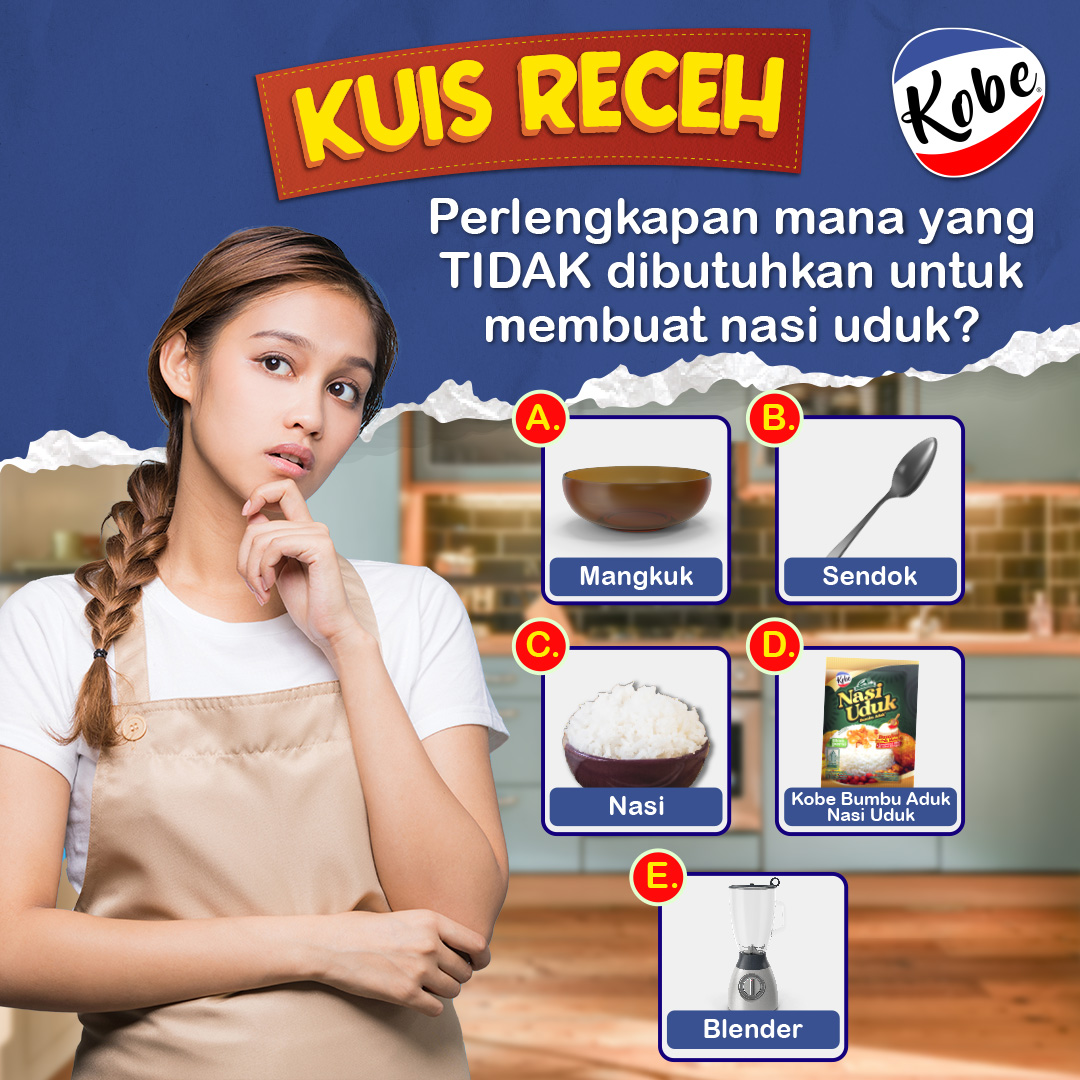 Kuis Receh: Perlengkapan mana yang TIDAK dibutuhkan untuk membuat Nasi Uduk Kobe?

Yuk jawab dan Menangkan uang digital Total 500.000 untuk 5 Bestie yang beruntung!

#dapurkobe #tepungkobe #giveaway #KuisAlfamart